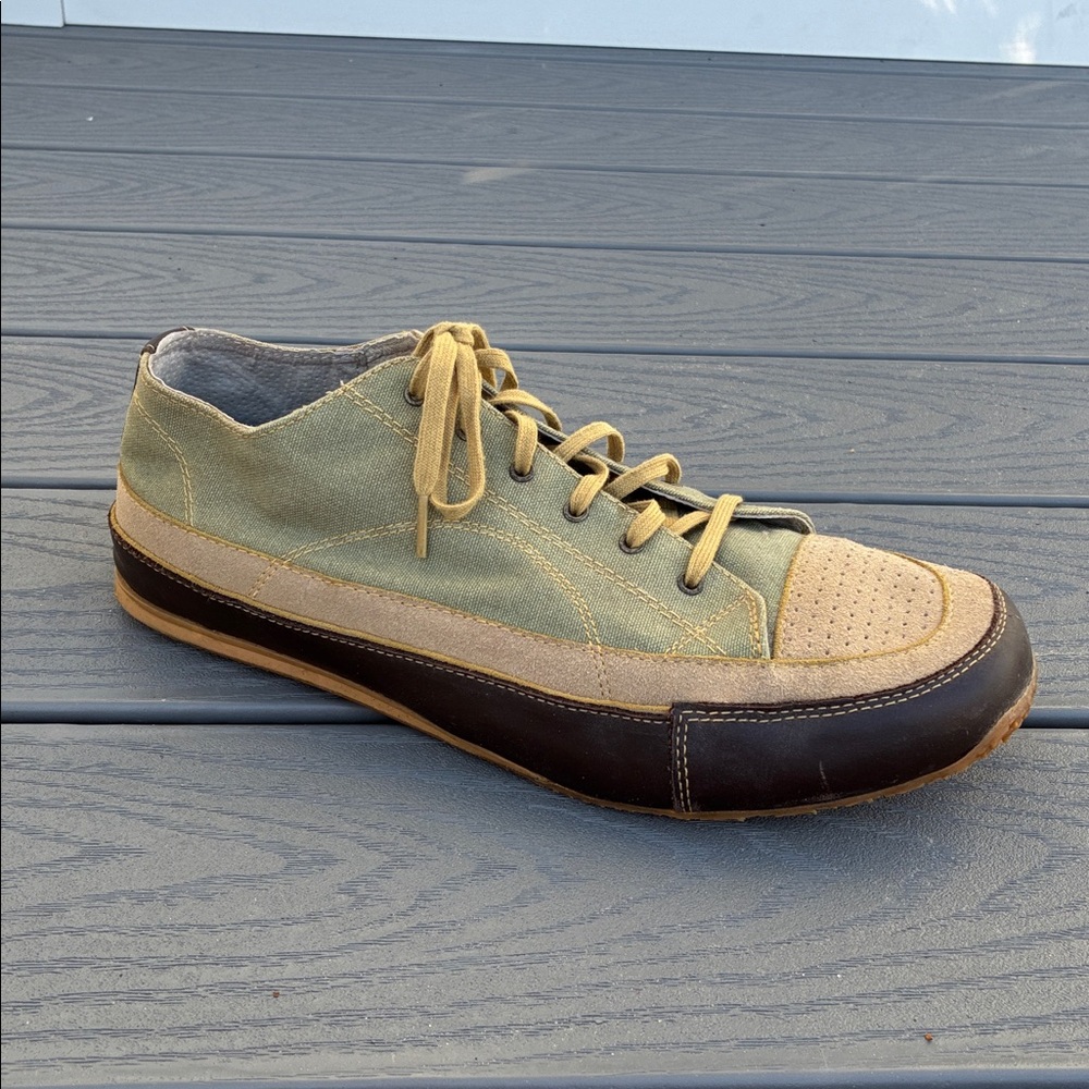 Orvis Suede Leather Canvas Casual Lace up Shoe Sneaker Green Tan Size 12